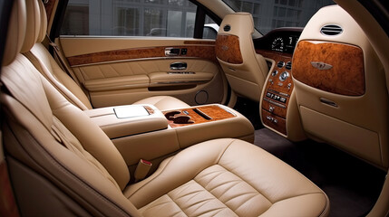 the inside of a car with beige leather seats and wood trims, in an interior shot taken from the driver's seat