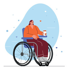 Smiling woman sitting in wheelchair. vector illustration. for web, infographics, mobile. Flat character in isolated background. People with Disabilities, Prosthesis. Vector illustration