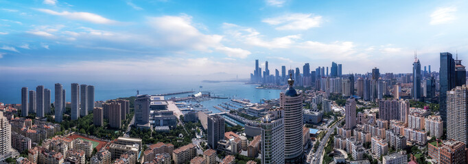 Fototapeta premium Aerospace Qingdao Coastline City Landscape Panorama Map