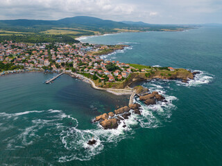 Aerial view of the small coastal town of Ahtopol on the Black Sea coast in Bulgaria, showcasing its scenic beauty and seaside charm