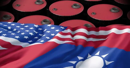 Animation of oil barrels over flags of taiwan and usa - Powered by Adobe