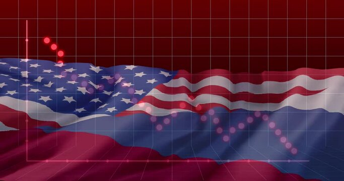 Animation of financial data processing over flags of russia and usa