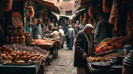 A bustling souk with vendors selling spices, textiles, and handcrafted items . Generative AI. 