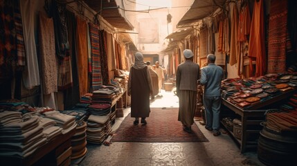 Naklejka premium A bustling souk with vendors selling spices, textiles, and handcrafted items . Generative AI. 
