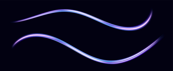 Blue, purple, neon multicolored glowing swirl. The effect of moving at the speed of light. Easy trail. Shiny wavy path. Vector.