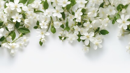 panoramic shot of jasmine flowers on white surface Generative AI