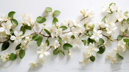 Fototapeta na wymiar panoramic shot of jasmine flowers on white surface Generative AI