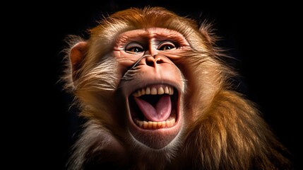 Funny Portrait of Smiling Barbary Macaque Monkey, showing teeth Isolated on Black Background Generative AI