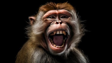 Funny Portrait of Smiling Barbary Macaque Monkey, showing teeth Isolated on Black Background Generative AI
