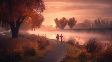 Obraz na płótnie Canvas A couple enjoying a peaceful morning run along a scenic riverside path, with the soft glow of sunrise painting the sky in hues of pink and orange . Generative AI. 