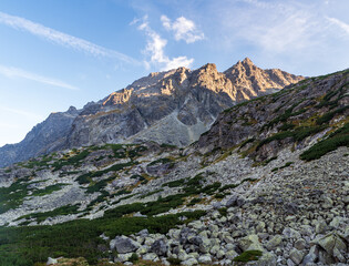 View from hiking trail from Zbojnicka chata to Priecne sedlo in High Tatras mountains in Slovakia