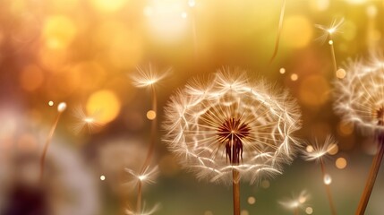 Abstract blurred nature background dandelion seeds parachute. Abstract nature bokeh pattern Generative AI