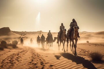 A group of Bedouin tribesmen crossing the vast expanse of the Sahara Desert on their camels, under a scorching sun . Generative AI. 
