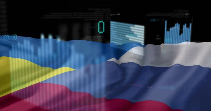 Animation of financial data processing over flags of russia and ukraine