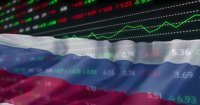 Animation of financial data processing over flags of russia