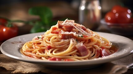spaghetti with amatriciana sauce in the dish on the wooden table Generative AI