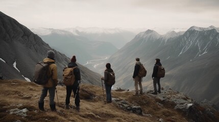 A group of friends enjoying a refreshing hike in the mountains, with breathtaking views of valleys and snow-capped peaks, as they breathe in the crisp, clean air . Generative AI. 