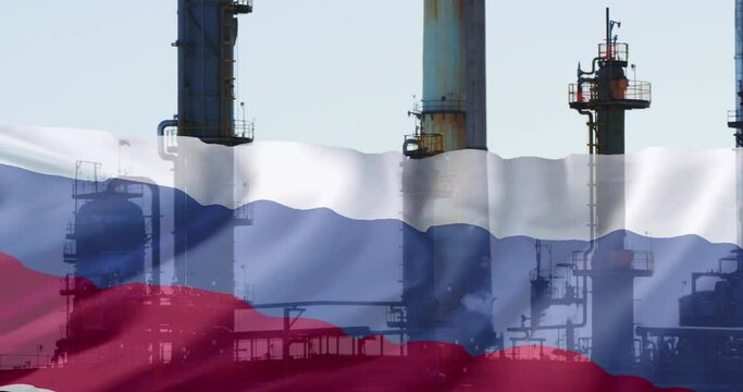 Animation of oil factory and flag of russia