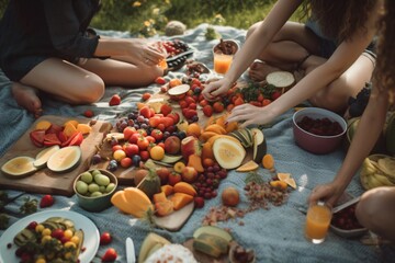 A group of friends gathering for a nutritious and delicious picnic in a lush park, with a variety of colorful fruits, vegetables, and wholesome snacks spread out on a cozy blanket . Generative AI. 