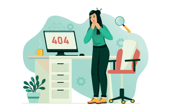 404 error concept with people scene in the flat cartoon design. An office worker is trying to fix a computer error. Vector illustration.