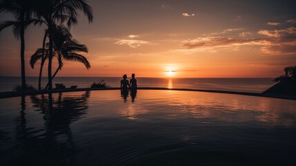 Fototapeta na wymiar A luxurious infinity pool overlooking a tropical beach at sunset, with silhouettes of palm trees and a couple enjoying the view . Generative AI. 