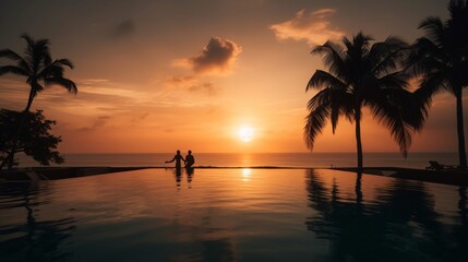 A luxurious infinity pool overlooking a tropical beach at sunset, with silhouettes of palm trees and a couple enjoying the view . Generative AI. 