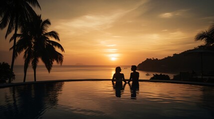 Fototapeta premium A luxurious infinity pool overlooking a tropical beach at sunset, with silhouettes of palm trees and a couple enjoying the view . Generative AI. 