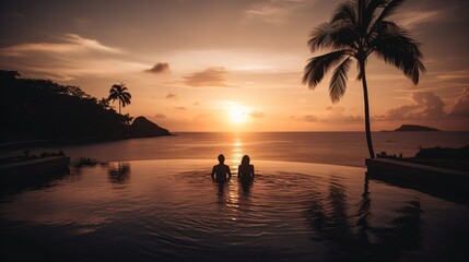 Naklejka na ściany i meble A luxurious infinity pool overlooking a tropical beach at sunset, with silhouettes of palm trees and a couple enjoying the view . Generative AI. 