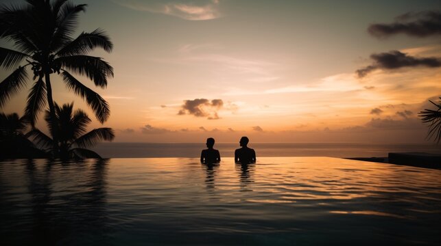 A luxurious infinity pool overlooking a tropical beach at sunset, with silhouettes of palm trees and a couple enjoying the view . Generative AI. 