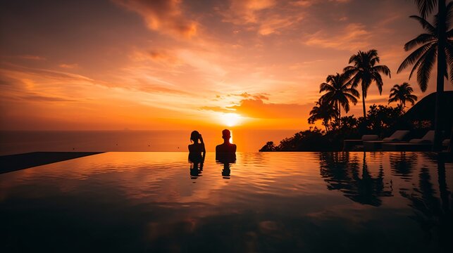 A luxurious infinity pool overlooking a tropical beach at sunset, with silhouettes of palm trees and a couple enjoying the view . Generative AI. 