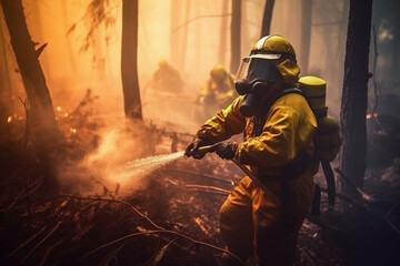 Firefighter in the forest. Firefighters fighting fire in the forest. (Ai generated)