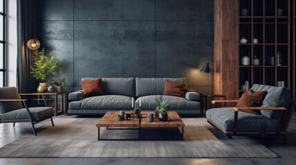 Modern interior design, in a spacious room, coffee table with decorate against a dark wall. Spacious room with a comfortable sofa, plants and elegant accessories. Generative AI