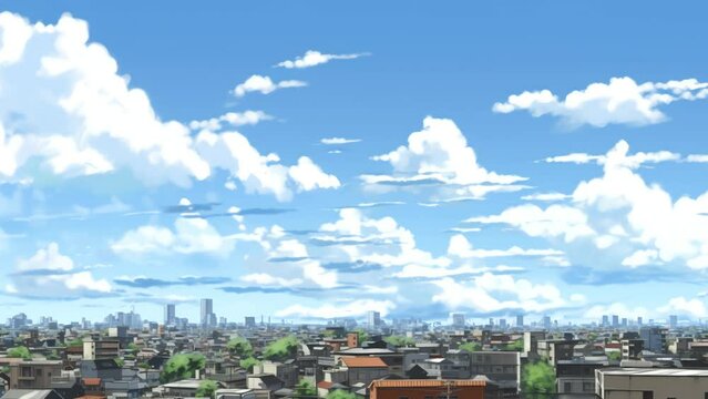 anime video of stunning natural ballet of cloud formations gliding across the azure skies above a bustling Japanese city