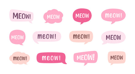 MEOW speech bubble set. Meow text. Cute hand drawn quote. Cat sound hand lettering. Doodle phrase. Vector illustration for print on shirt, card, poster etc.