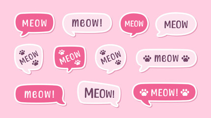 MEOW speech bubble sticker set. Meow text. Cute hand drawn quote. Cat sound hand lettering. Doodle phrase. Vector illustration for print on shirt, card, poster etc.