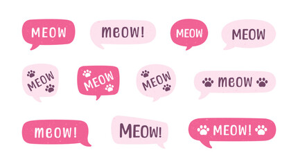 MEOW speech bubble set. Meow text. Cute hand drawn quote. Cat sound hand lettering. Doodle phrase. Vector illustration for print on shirt, card, poster etc.