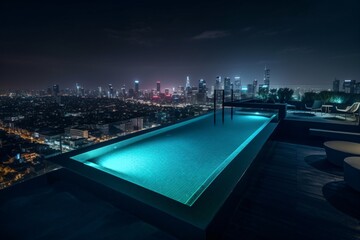 Obraz premium A stunning infinity pool on a rooftop, offering a panoramic view of a bustling city skyline at night . Generative AI. 