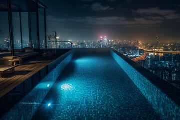 Fototapeta na wymiar A stunning infinity pool on a rooftop, offering a panoramic view of a bustling city skyline at night . Generative AI. 
