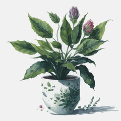 Illustration Vector of Green Plant on White Ceramic Pot