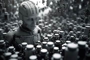 Cyborg, robot or artificial intelligence monochrome illustration