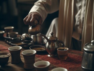 A traditional Arabic coffee serving ceremony, with a host pouring coffee from a dallah into small cups . Generative AI. 