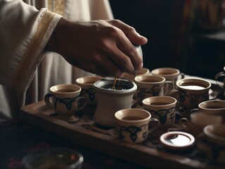 A traditional Arabic coffee serving ceremony, with a host pouring coffee from a dallah into small cups . Generative AI. 