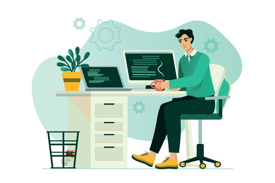 Programming concept with people scene in the flat cartoon design. A programmer works on creating code. Vector illustration.