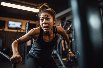 A woman doing a vigorous workout at a well-equipped home gym, surrounded by motivational quotes and fitness equipment, as she pushes herself to achieve her fitness goals . Generative AI. 