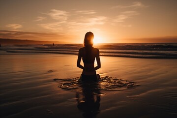 Fototapeta na wymiar A woman practicing yoga on a serene beach at sunset, gracefully moving through a series of poses, while the calming sound of ocean waves fills the air . Generative AI. 
