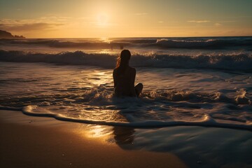 Fototapeta premium A woman practicing yoga on a serene beach at sunset, gracefully moving through a series of poses, while the calming sound of ocean waves fills the air . Generative AI. 