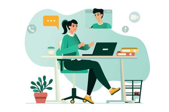Video conference concept with people scene in the flat cartoon style. The manager and the employee discuss work on a video conference. Vector illustration.