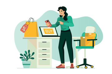Online shopping concept with people scene in the flat cartoon design. A girl orders clothes with discounts in an online store. Vector illustration.