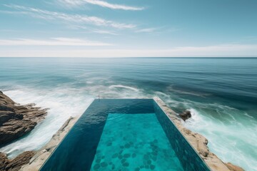 An infinity pool merging seamlessly with a turquoise ocean, under the clear blue sky, creating a sense of boundlessness . Generative AI. 
