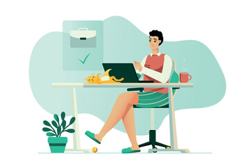 Fototapeta premium Work from home concept with people scene in the flat cartoon style. A woman works from home in a comfortable atmosphere. Vector illustration.